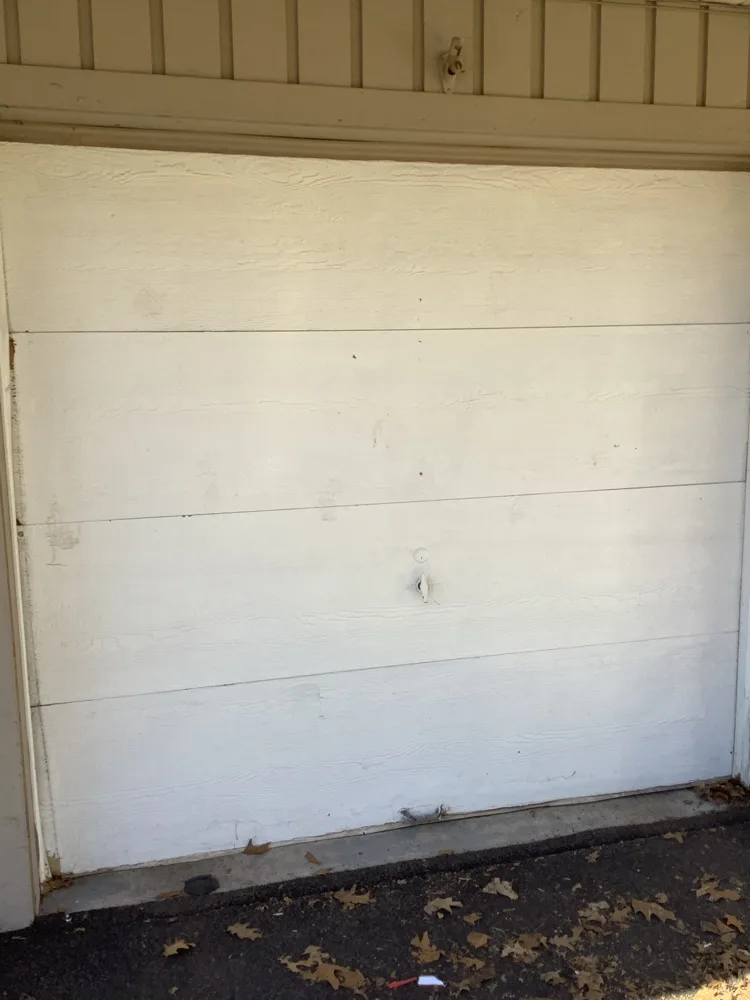 Weathered white woodgrain garage door closed in its opening under a timber soffit, fallen oak leaves scattered across the asphalt in front of it